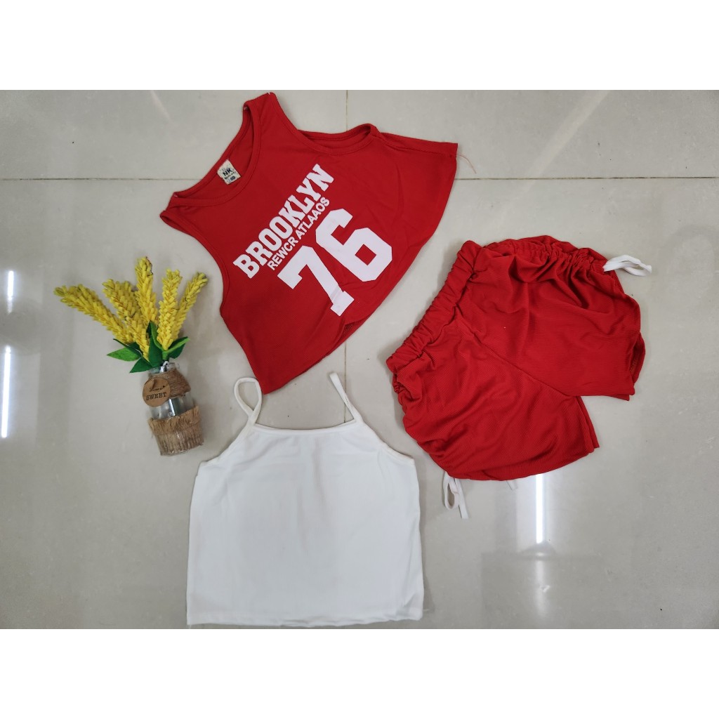 Set áo croptop  + quần đùi dây rút vải thun gân tăm cho bé gái đi chơi, đi học