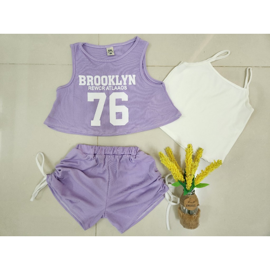Set áo croptop  + quần đùi dây rút vải thun gân tăm cho bé gái đi chơi, đi học