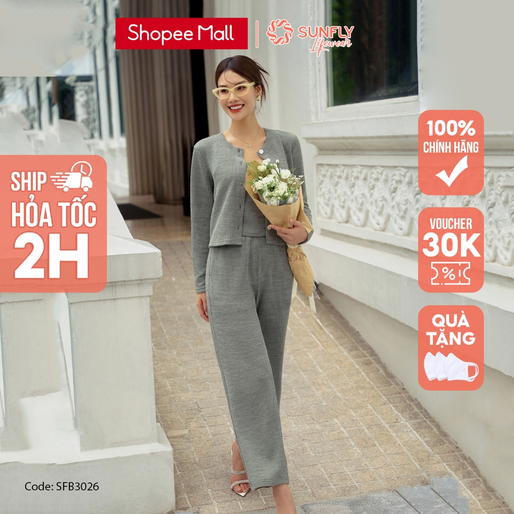 Bộ len áo Cardigan SUNFLY, áo dây, quần suông SFB3026