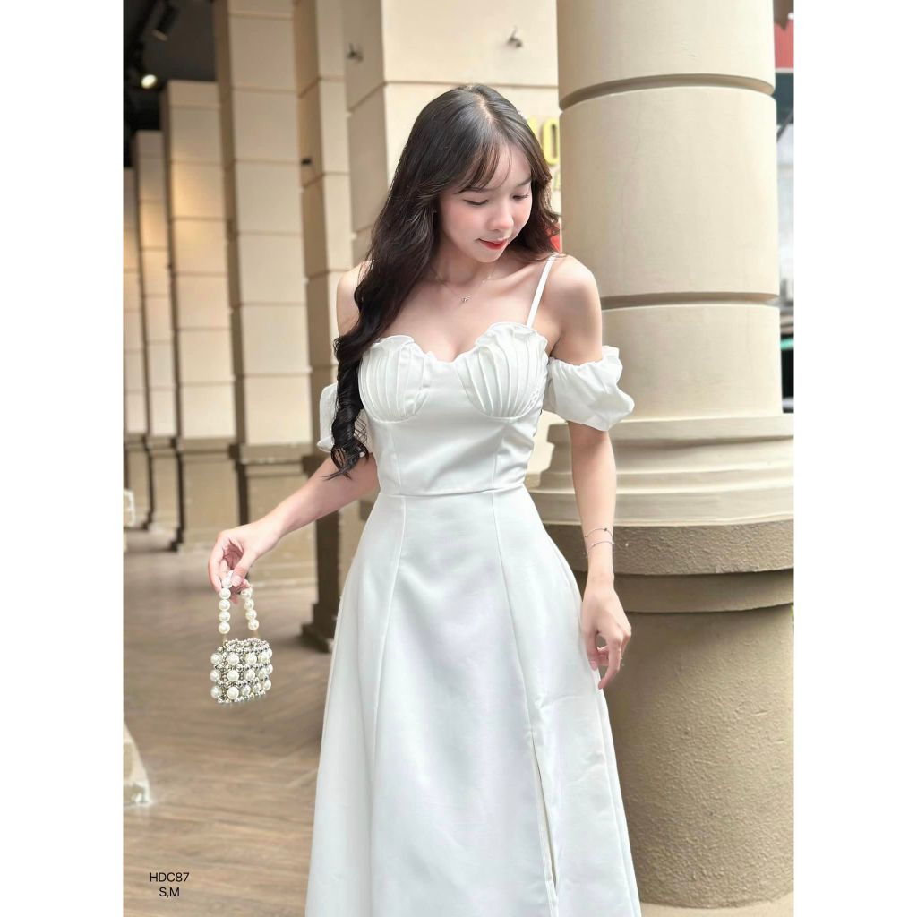 Đầm tiệc xòe xẻ tà cup 2 dây phong cách tiểu thư sang trọng CHIBEST HDC87