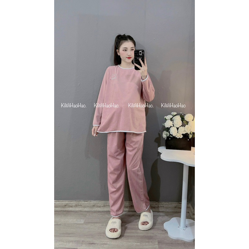 BỘ NHUNG TĂM BẦU smile MỀM QUẦN CÓ ĐÁP CO GIÃN - 2 TÚI TIỆN LỢI HOA TIẾT THÊU