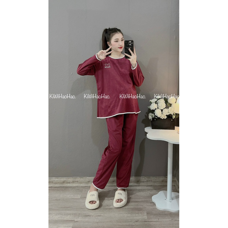 BỘ NHUNG TĂM BẦU smile MỀM QUẦN CÓ ĐÁP CO GIÃN - 2 TÚI TIỆN LỢI HOA TIẾT THÊU