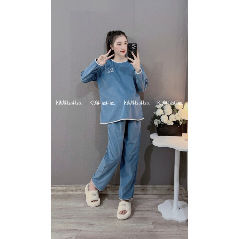 BỘ NHUNG TĂM BẦU smile MỀM QUẦN CÓ ĐÁP CO GIÃN - 2 TÚI TIỆN LỢI HOA TIẾT THÊU