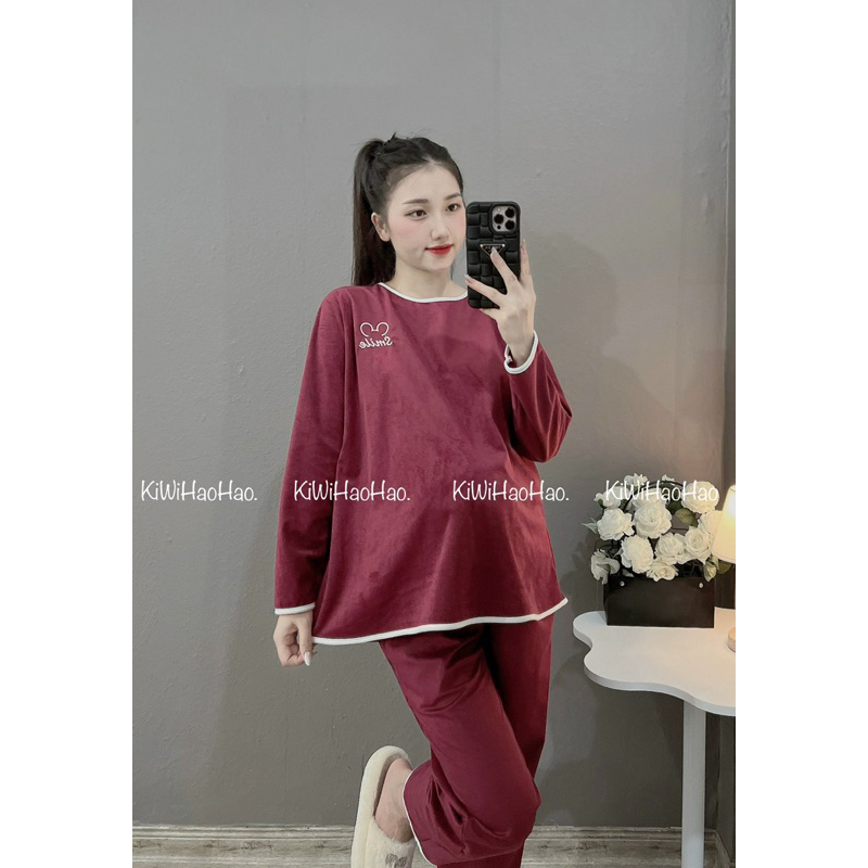 BỘ NHUNG TĂM BẦU smile MỀM QUẦN CÓ ĐÁP CO GIÃN - 2 TÚI TIỆN LỢI HOA TIẾT THÊU