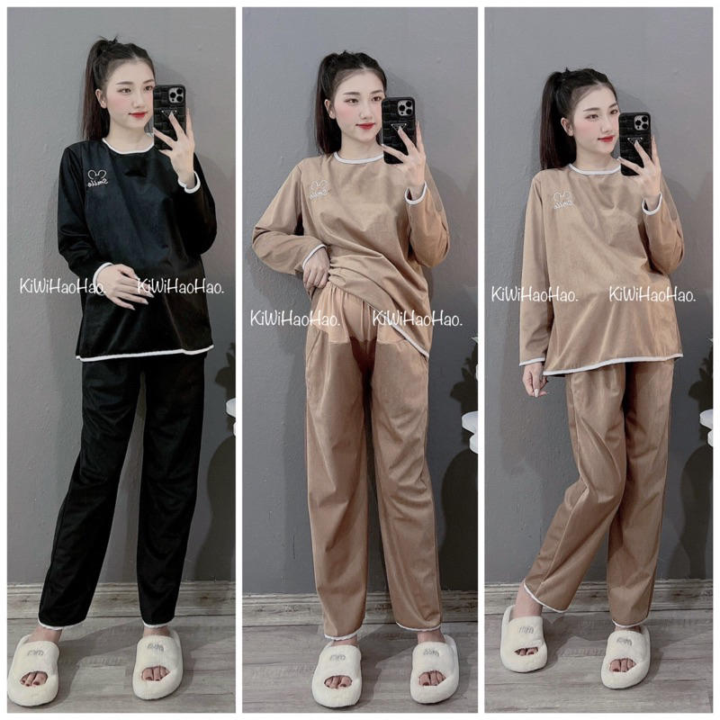 BỘ NHUNG TĂM BẦU smile MỀM QUẦN CÓ ĐÁP CO GIÃN - 2 TÚI TIỆN LỢI HOA TIẾT THÊU