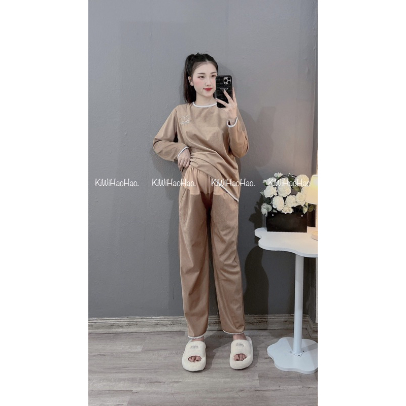 BỘ NHUNG TĂM BẦU smile MỀM QUẦN CÓ ĐÁP CO GIÃN - 2 TÚI TIỆN LỢI HOA TIẾT THÊU