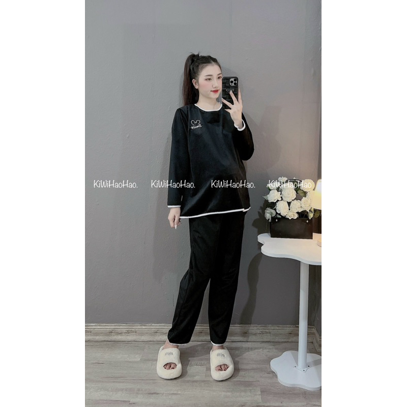 BỘ NHUNG TĂM BẦU smile MỀM QUẦN CÓ ĐÁP CO GIÃN - 2 TÚI TIỆN LỢI HOA TIẾT THÊU