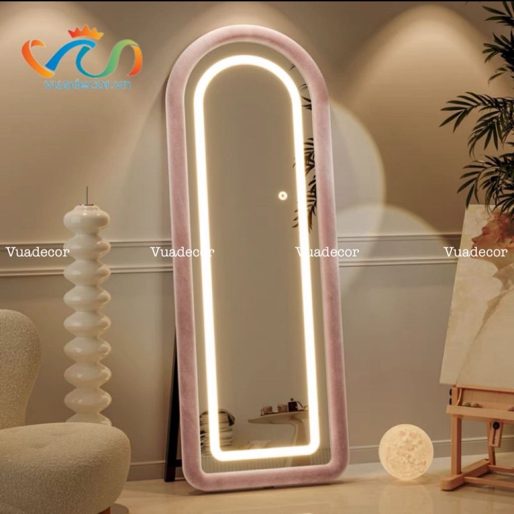 Gương toàn thân Hình Vòm, Chữ nhật khung gỗ bọc Nỉ Led cảm ứng viền phun cát VUADECOR kích thước 80x180cm nhiều màu sắc