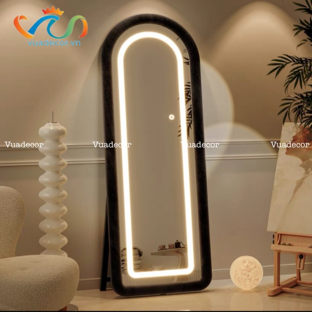 Gương toàn thân Hình Vòm, Chữ nhật khung gỗ bọc Nỉ Led cảm ứng viền phun cát VUADECOR kích thước 80x180cm nhiều màu sắc