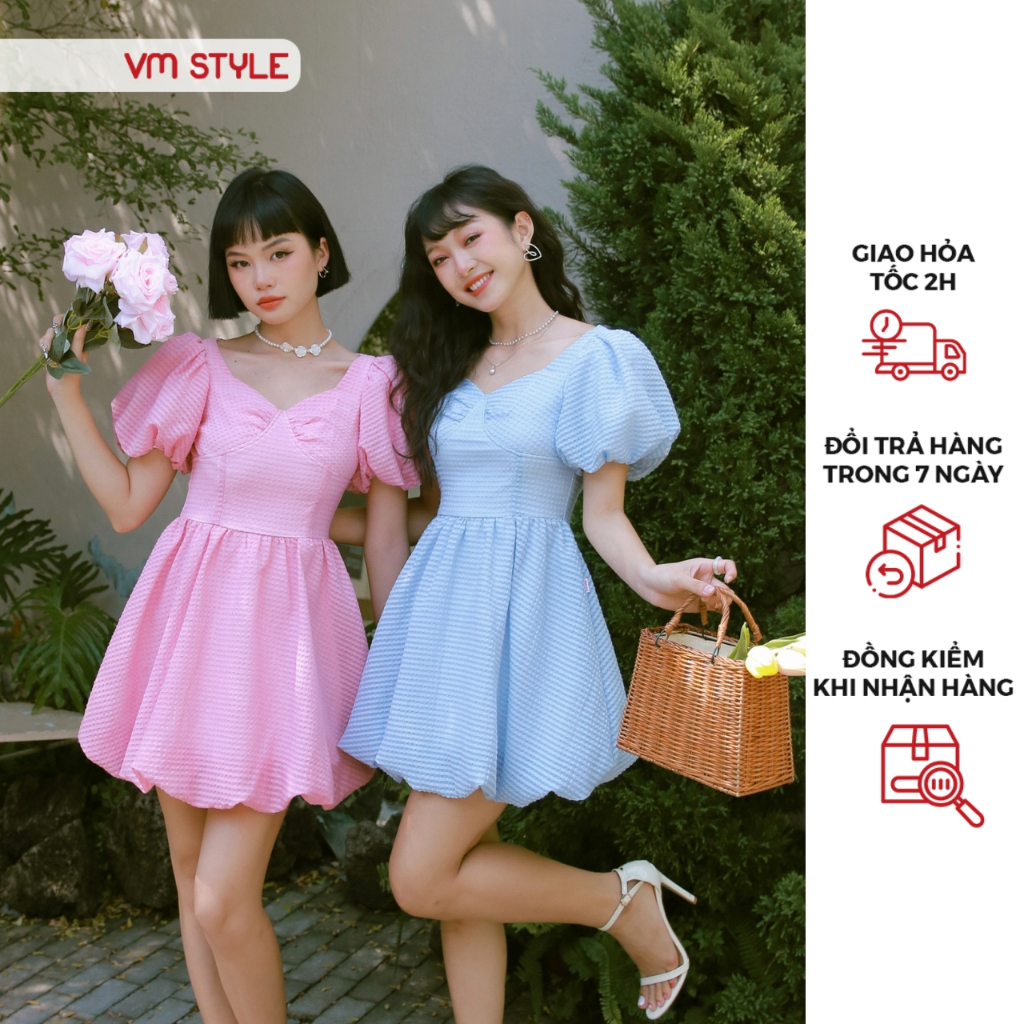 Đầm nữ VMSTYLE dáng ngắn trơn tay bí đuôi phồng xoè đơn giản đi chơi, đi tiệc, đi đám cưới H15 - VDU00372