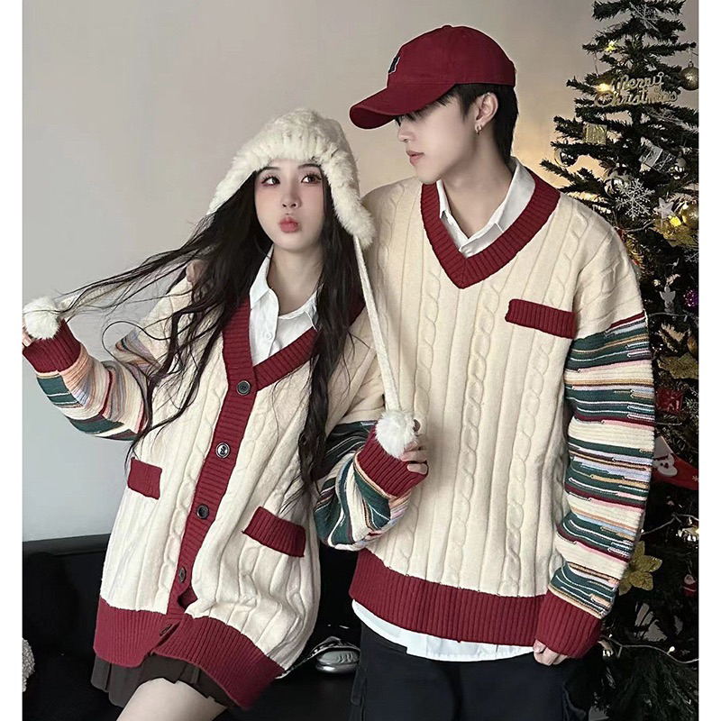 Đồ đôi mùa noel đôi len kết hợp áo cadigan màu sắc giáng sinh tươi mới
