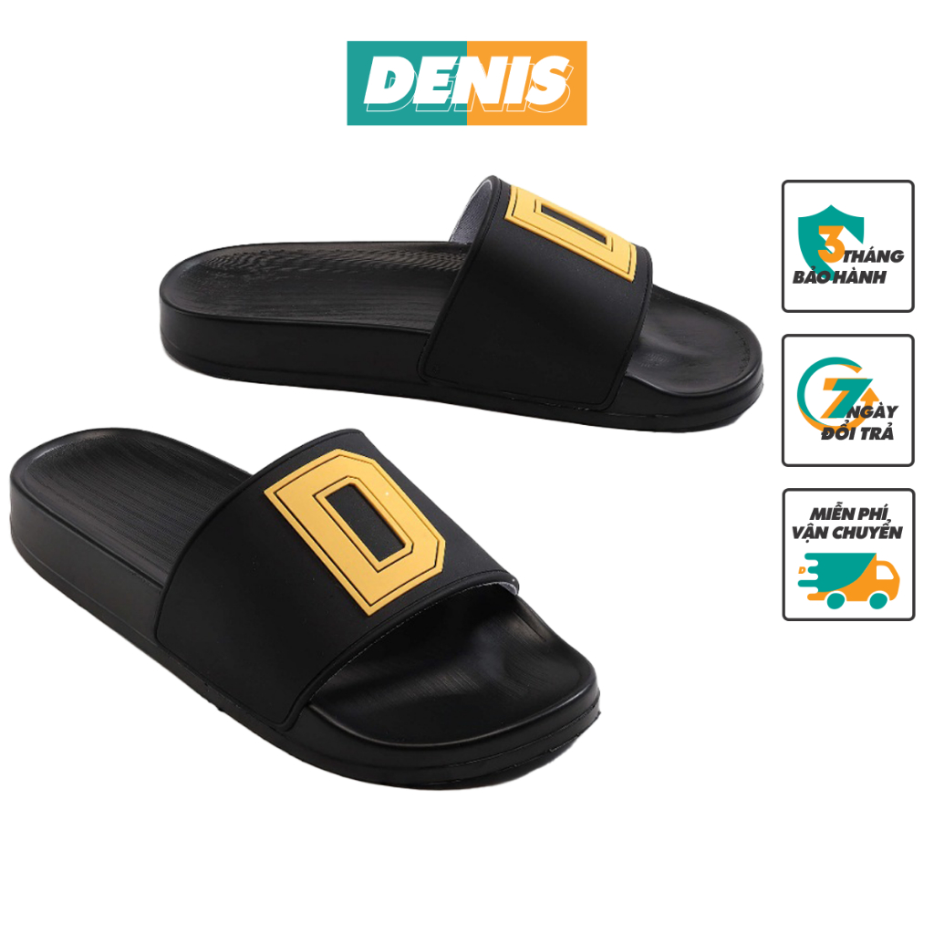 Dép quai ngang Denis CD02 Unisex Slipper Full đen chữ D vàng Năng động