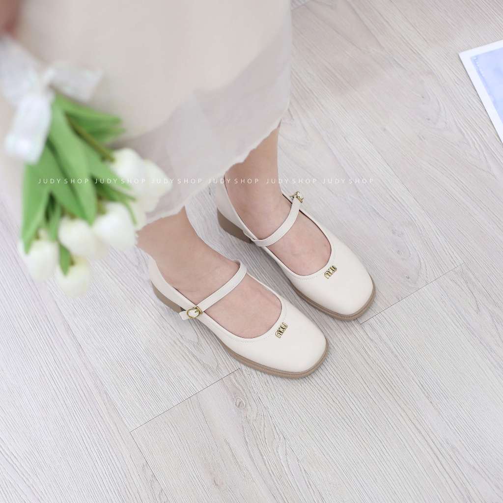 Giày Gót Vuông - Giày Mary Jane Khuy MIU Mũi Bầu Da Mềm Đế Cao 4p QCCC