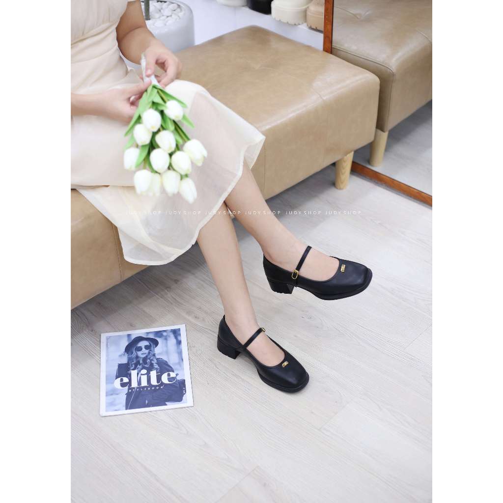 Giày Gót Vuông - Giày Mary Jane Khuy MIU Mũi Bầu Da Mềm Đế Cao 4p QCCC