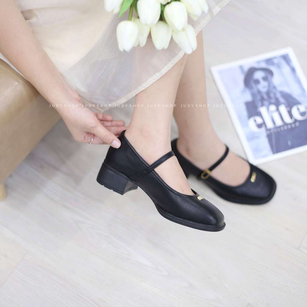 Giày Gót Vuông - Giày Mary Jane Khuy MIU Mũi Bầu Da Mềm Đế Cao 4p QCCC
