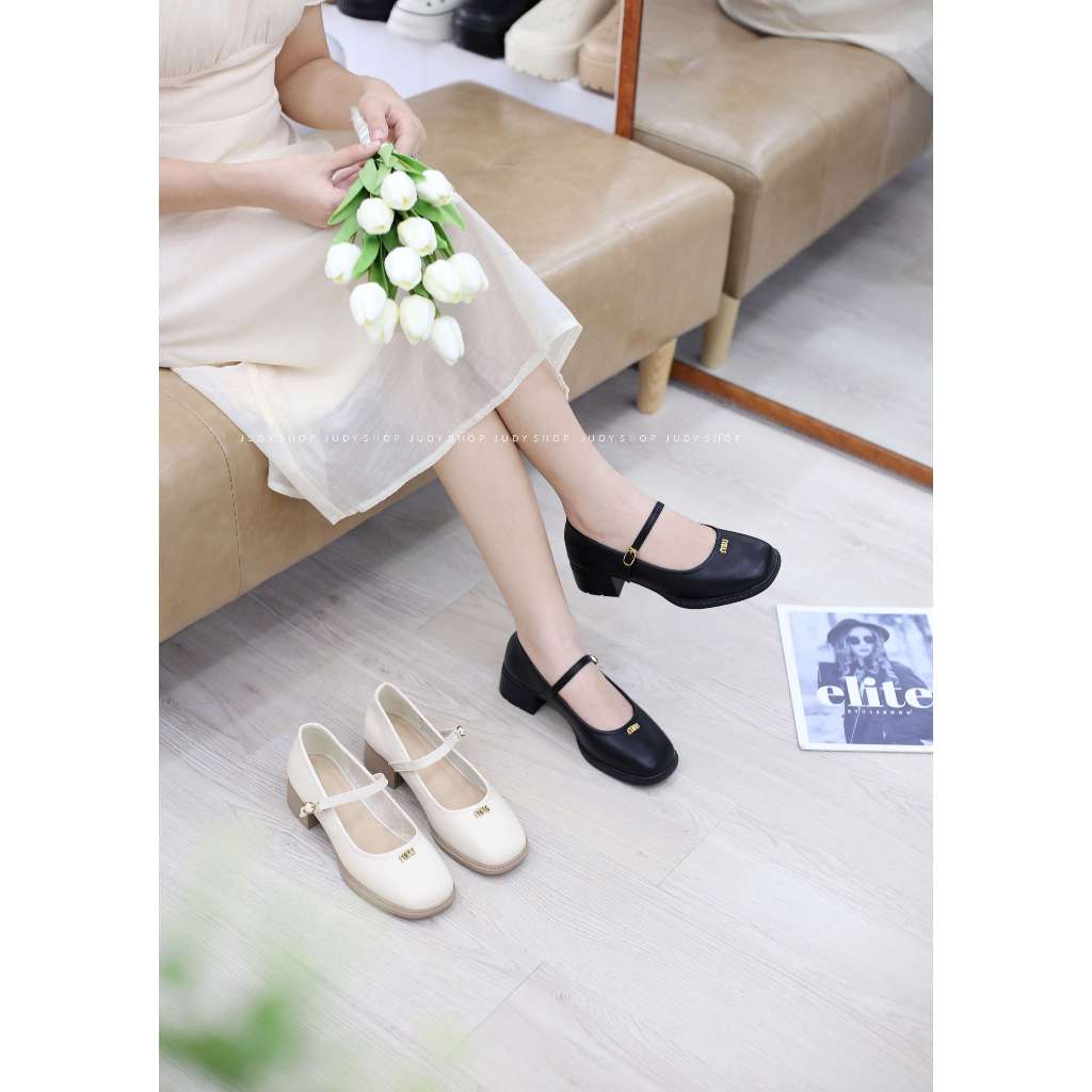 Giày Gót Vuông - Giày Mary Jane Khuy MIU Mũi Bầu Da Mềm Đế Cao 4p QCCC