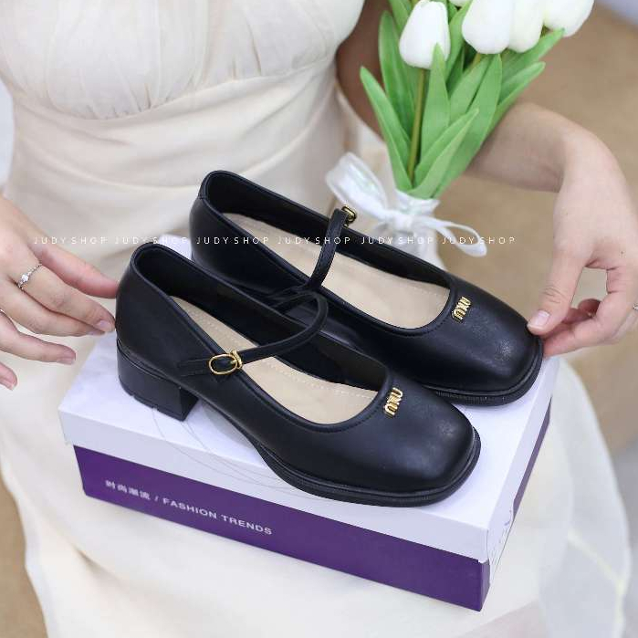 Giày Gót Vuông - Giày Mary Jane Khuy MIU Mũi Bầu Da Mềm Đế Cao 4p QCCC