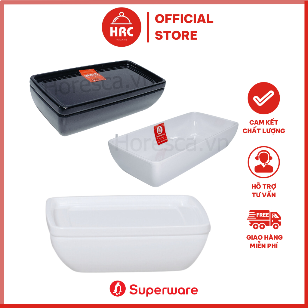 Bát Tô Chữ Nhật Có Nắp 100% Nhựa Melamine Superware Ektra - 2 Màu Đen Trắng