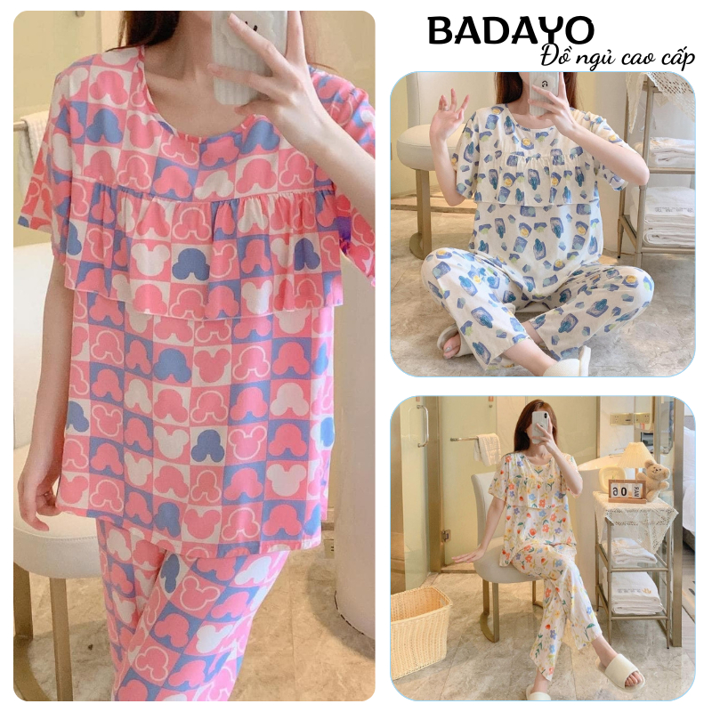 Bộ ngủ nữ pijama ngắn tay quần dài chất lanh lụa in họa tiết hoa mềm mát lịch sự hàng quảng châu cao cấp BADAYO