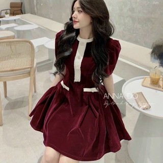 Váy nhung viền dạ ren khuy ngọc, đầm nữ xoè ngắn mặc dự tiệc đi chơi chất nhung cứng loại 1