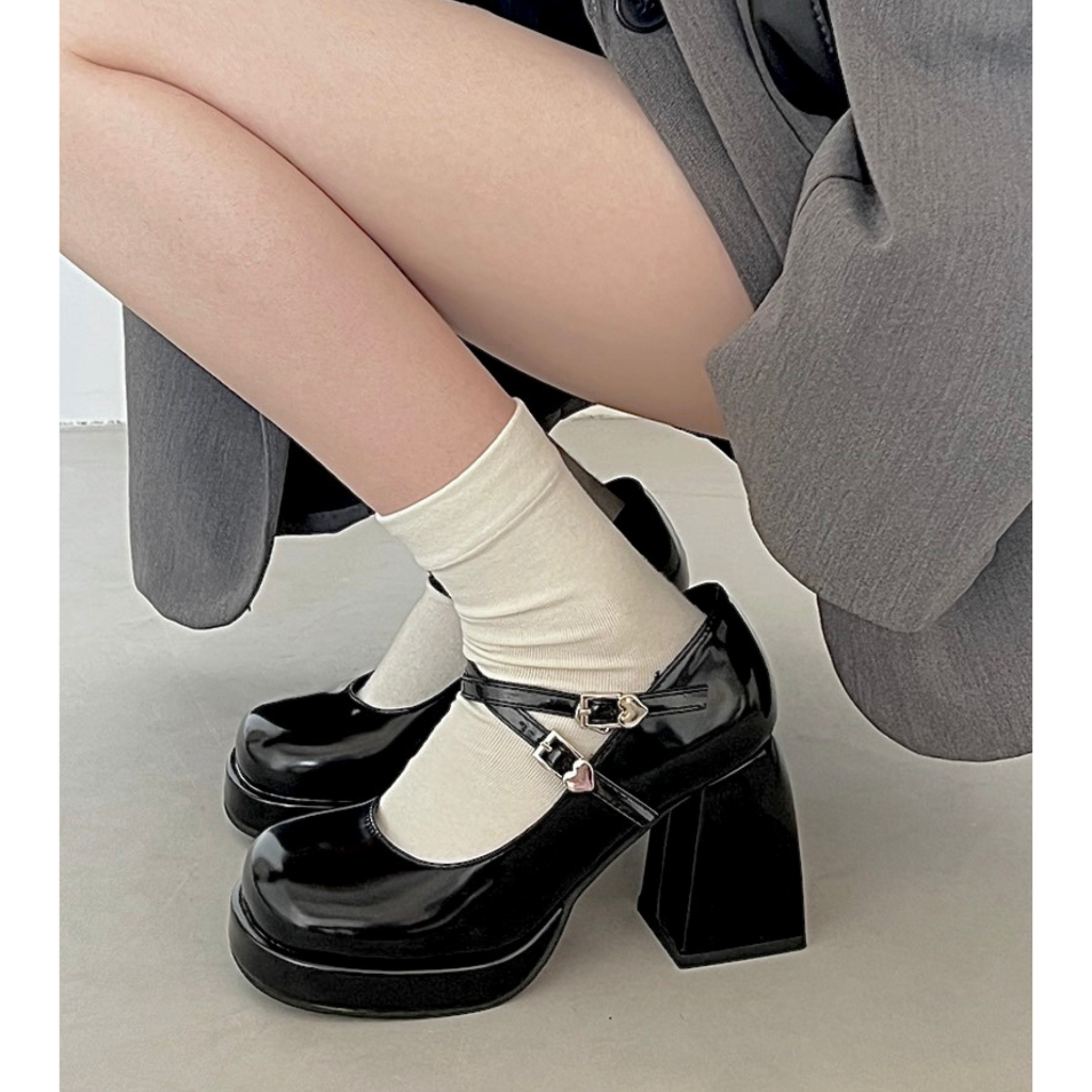 Giày Mary Jane cao gót cổ điển mũi tròn 2 quai đế vuông màu đen thanh lịch neih.studio