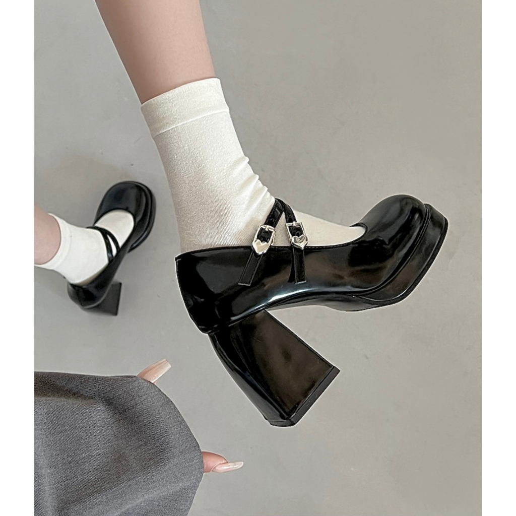 Giày Mary Jane cao gót cổ điển mũi tròn 2 quai đế vuông màu đen thanh lịch neih.studio