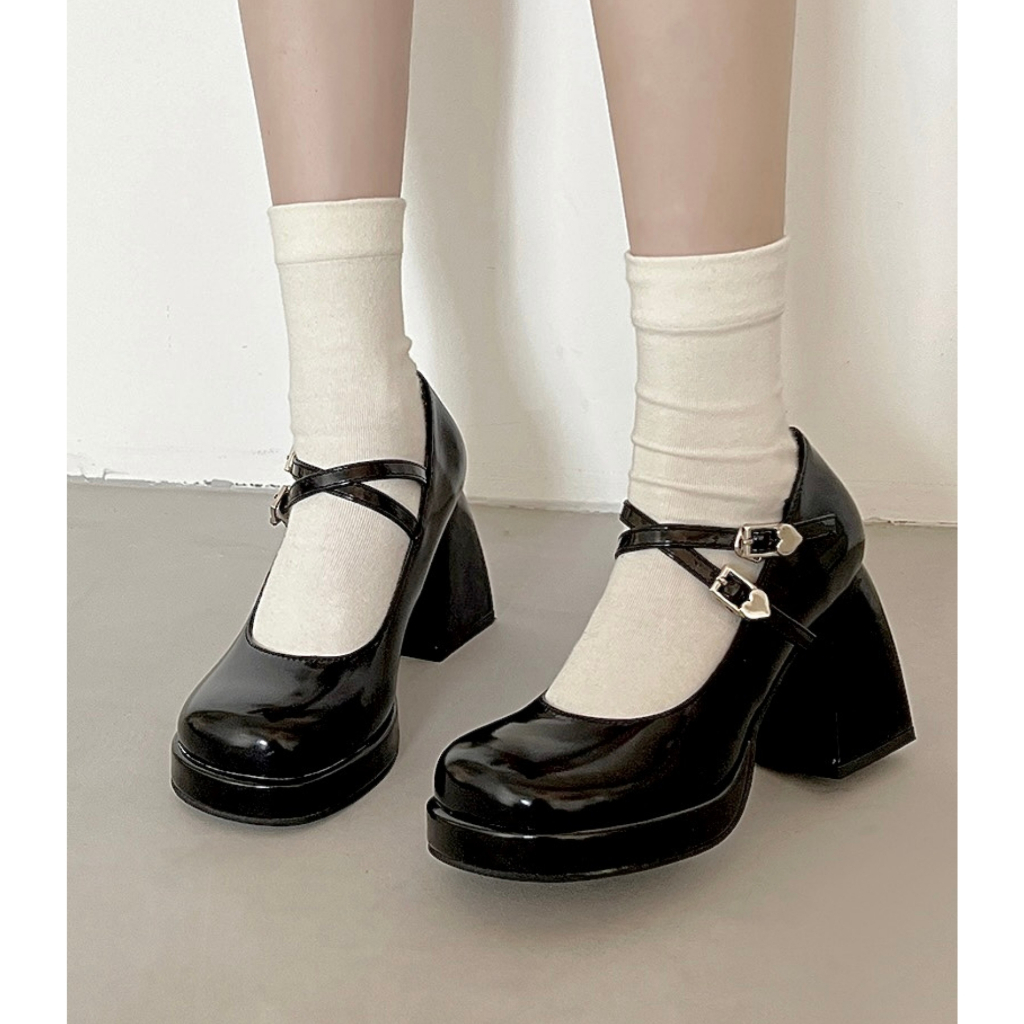 Giày Mary Jane cao gót cổ điển mũi tròn 2 quai đế vuông màu đen thanh lịch neih.studio