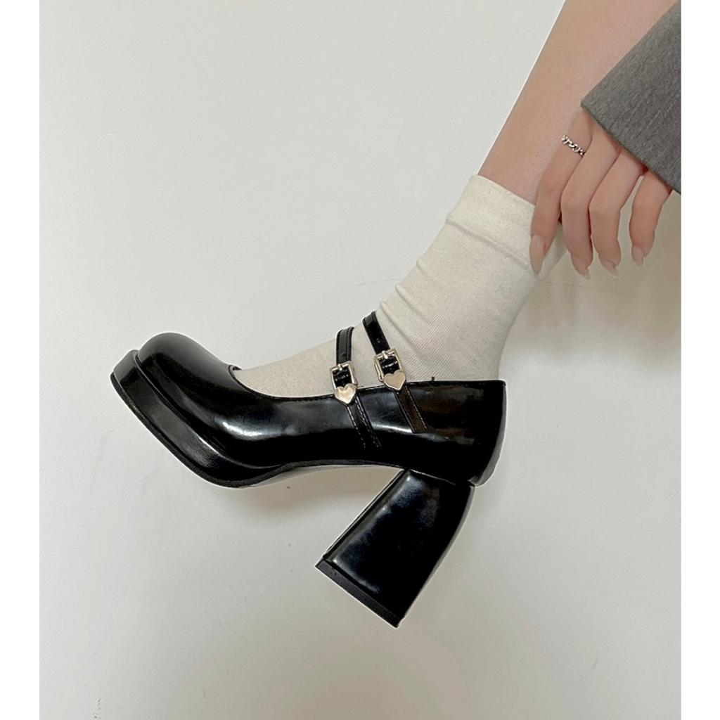 Giày Mary Jane cao gót cổ điển mũi tròn 2 quai đế vuông màu đen thanh lịch neih.studio