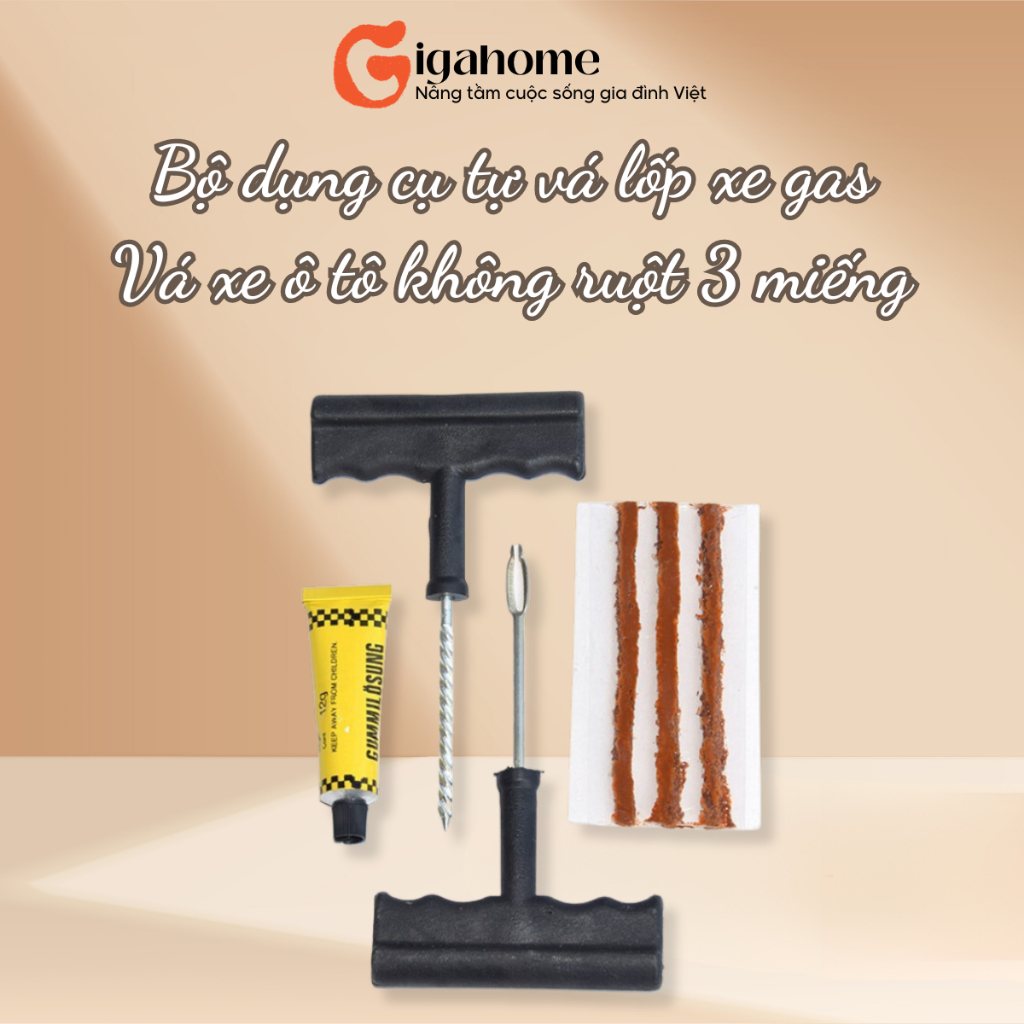 Bộ Dụng Cụ Tự Vá Lốp Xe Gas, Ô Tô Không Ruột 3 Miếng Tiện Lợi GIGAHOME 3085