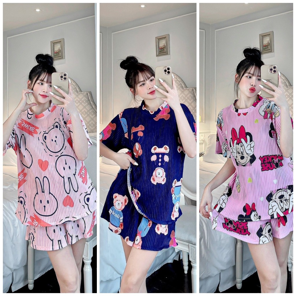Đồ Bộ Nữ Dập Ly Thun Thái Tay Ngắn Quần Cộc Nhiều Màu Dễ Thương, Mỏng Mát, Mềm Mịn