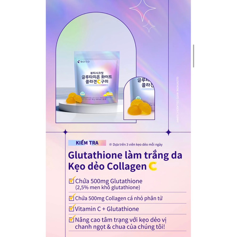 Kẹo Dẻo Collagen Vị Chanh và vị lựu sáng da  , Glutathione Boto Beauty Secret Glutathione White Collagen C Gummy