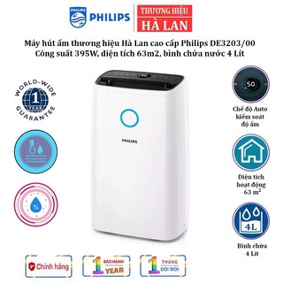 Máy hút ẩm philips de3203/00 thương hiệu hà lan, dung tích bình chứa 4 lít, diện tích phòng 63m2.
