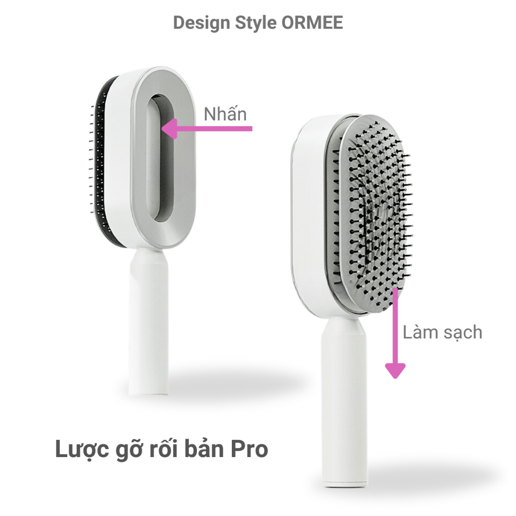 Lược gỡ rối ORMEE bản nâng cấp làm sạch bằng 1 nút bấm, túi khí trung tâm, gỡ rối tóc, tạo kiểu phồng tóc