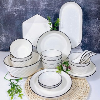 Tách Lẻ Bộ Chén Dĩa Sứ Trắng Cao Cấp Men Sáng Đẹp Họa Tiết Kim Cương Viền Đen Gosumi KC002