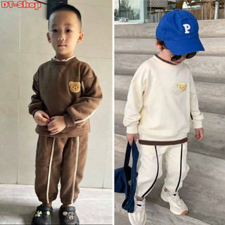 Set bộ quần áo DÀI TAY thêu gấu phối sọc đáng yêu chất vải nỉ bông giữ ấm nhẹ co giãn 4 chiều cho bé từ 3kg đến 8kg