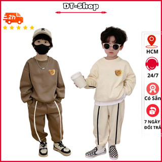 BỘ QUẦN ÁO CHO BÉ GẤU THÊU PHỐI SỌC THU ĐÔNG CHẤT LIỆU NỈ BÔNG 8-28KG Set Thu Đông Em Bé Mẫu Mới - dt_shop