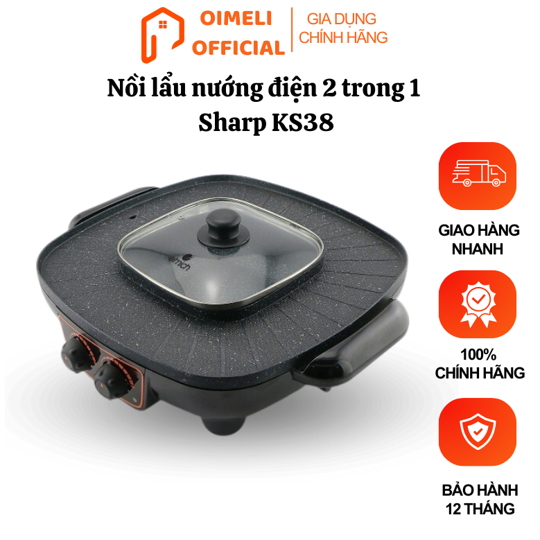Nồi lẩu nướng điện 2 trong 1 Sharp KS38, công suất lớn 2200W tiện lợi, tiết kiệm thời gian, bảo hành 12 tháng