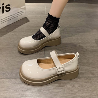 Giày mary jane đế bằng quai cài da bóng hai màu đen trắng cao 5cm