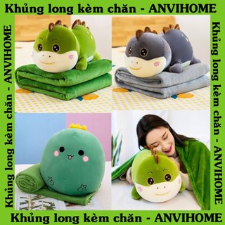 Bộ chăn gối văn phòng gấu bông có mền hình Khủng Long có chăn, gấu bông hình khủng long xanh ANVIHOME