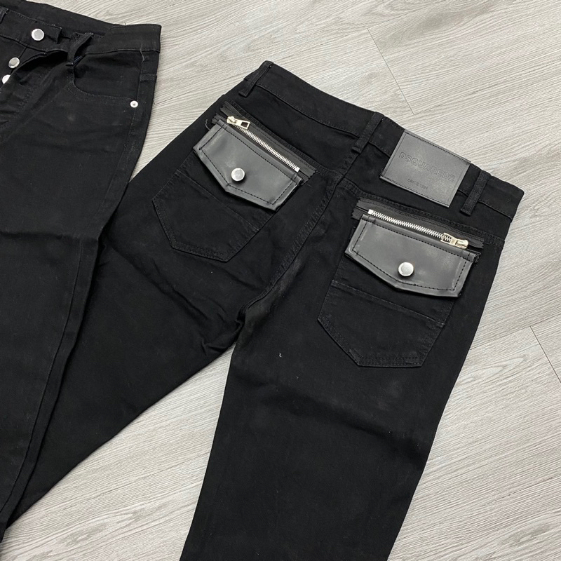 Quần jean DSQ2 thêu túi da đen không rách,quần jean đen trơn DSQ2 4 cúc đơn giản
