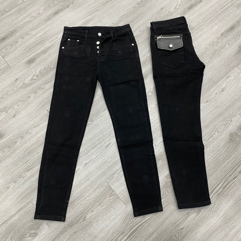 Quần jean DSQ2 thêu túi da đen không rách,quần jean đen trơn DSQ2 4 cúc đơn giản
