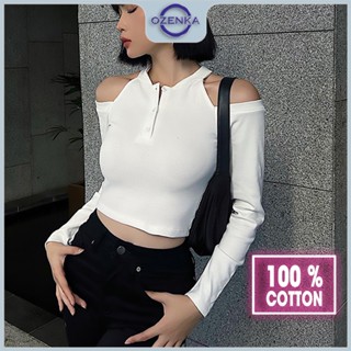 Áo croptop kiểu trễ vai tay dài cài khuy nữ Ozenka , áo crt kiểu sang chảnh ôm body gợi cảm chất cotton màu đen trắng