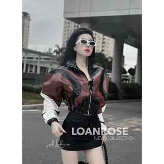 Áo da phối màu dáng croptop rút dây vạt