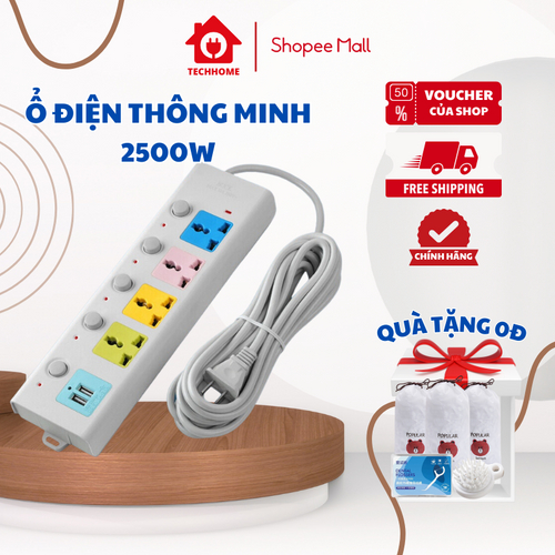 Ổ điện đa năng Techhome, Ổ cắm điện cao cấp chống giật 2 cổng USB, chịu tải 2500W có chốt an toàn khi sử dụng