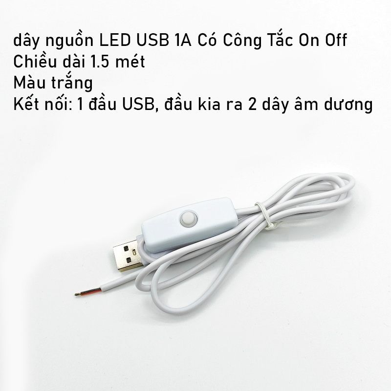 Dây nguồn USB có công tắc, 5v, 2 lõi, dài 1.5m dành cho đèn led