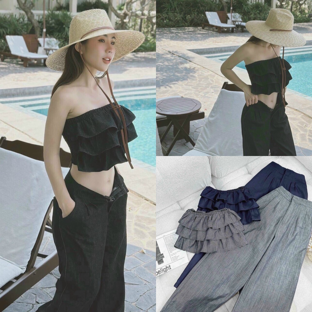 SET ÁO ỐNG JEANS TẦNG BÈO KÈM QUẦN ỐNG RỘNG