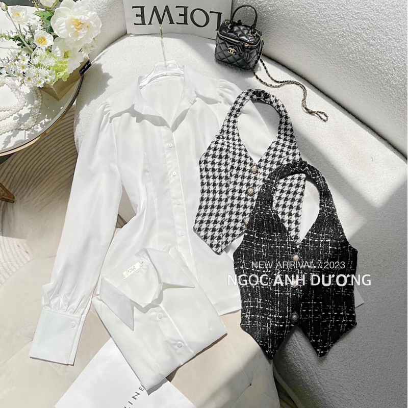 Áo Sơ Mi Tay Dài Phối Yếm Dạ Tweed