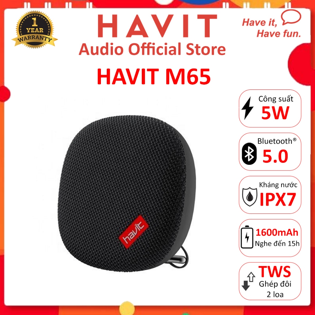 Loa Bluetooth HAVIT M65 Thiết Kế Nhỏ Gọn, Chuẩn IPX7, Công Suất 5W, Nghe Đến 15H - Chính Hãng BH 12 Tháng