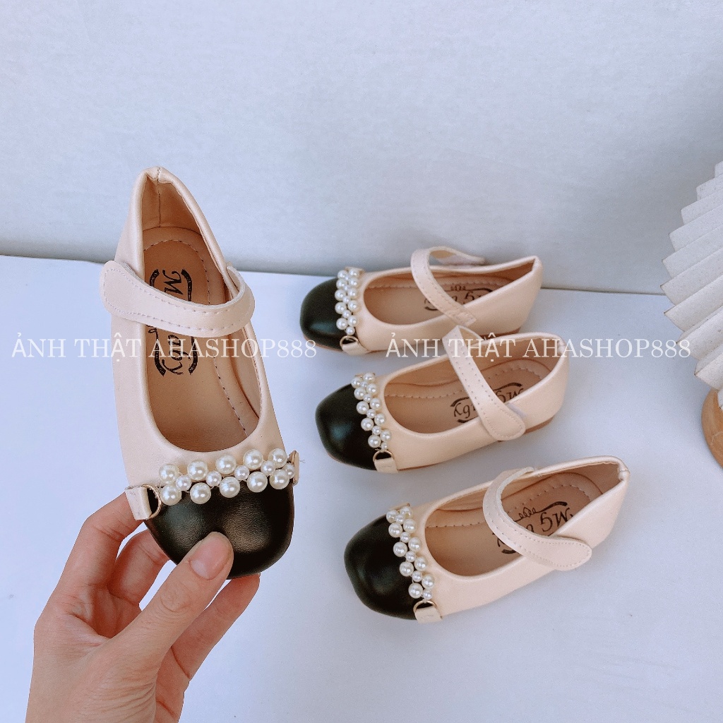 FORM NHỎ Giày Búp Bê Mũi Vá Đen Da Lì Phối Chuỗi Ngọc Tiểu Thư Cho Bé Gái K206
