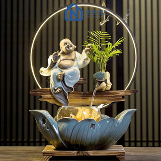 Thác khói nước phong thủy tượng phật Di Lặc kèm đèn lé bể cá tiểu cảnh mini để bàn trang trí phòng